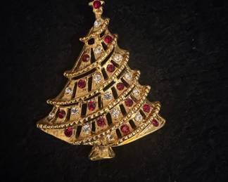 Vintage "AAI" Gold-Tone Christmas Tree Brooch with Red Rhinestones