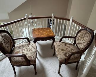 Pair of Louis XV Style Walnut Armchairs and Parquet Side Table