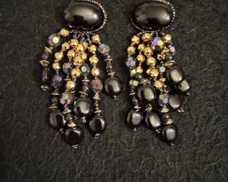 Vintage Chipita Style Black & Gold Beaded Chandelier Earrings