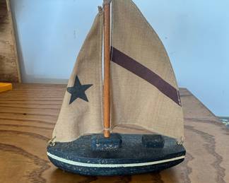 Vintage Folk Art Wooden Sailboat Model with Star and Stripe Detail
