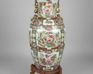 Large Chinese Famille Rose Porcelain Floor Vase with Foo Dog Handles and Rose Medallion Pattern
