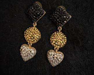Geometric Multi-Drop Rhinestone Earrings with Black Square Stud, Gold Disc, and Pave Heart