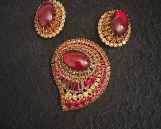 Vintage Red Cabochon and Rhinestone Brooch and Earring Demi-Parure
