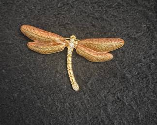 Vintage Gold-Tone Enamel and Rhinestone Dragonfly Brooch