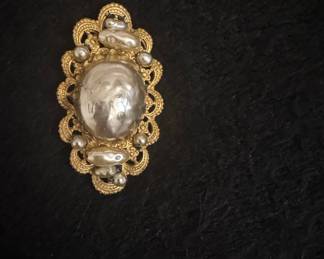 Victorian Revival Faux Pearl Filigree Brooch