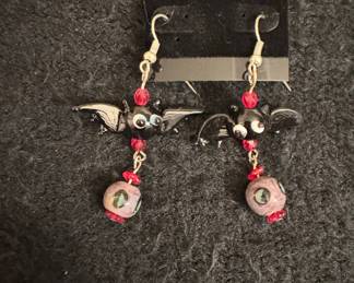 Handmade Bat Dangle Earrings with Red Beads and Patterned Glass Beads