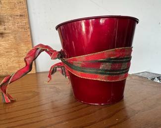 Vintage Red Plaid Ribbon Tole Christmas Pail