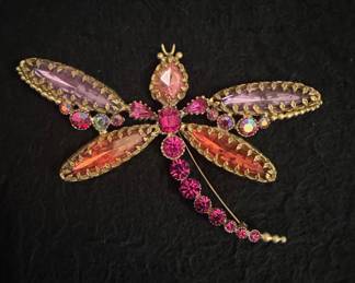Vintage Large Pink and Orange Rhinestone Dragonfly Brooch