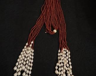 Multi-Strand Seed Bead and Baroque Pearl Tassel Necklace