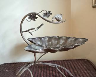 Vintage Cast Metal Bird and Leaf Birdbath