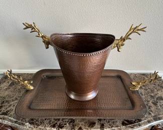 Hammered Copper Champagne Bucket and Tray Set with Brass Stag Handles