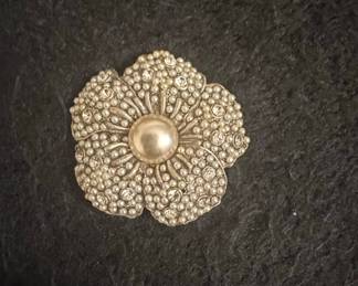 Vintage Monet Faux Pearl and Rhinestone Flower Brooch