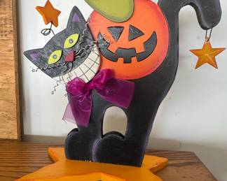 Handmade Wood Cat and Pumpkin Halloween Figurine