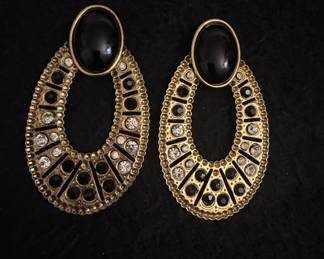 Vintage Gold-Tone Oval Drop Earrings with Black Cabochons and Rhinestones - Possibly Tara or Byzantine Revival Style