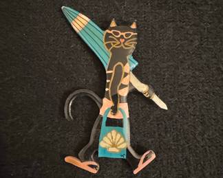 Whimsical Cat with Umbrella and Shell Apron Enamel Brooch