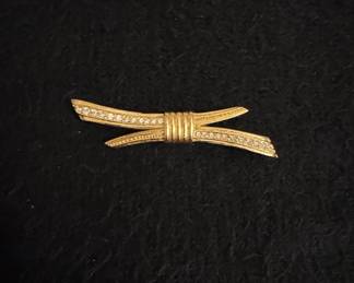 Vintage Gold Tone Rhinestone Bow Brooch