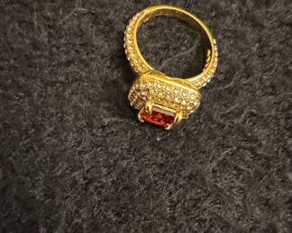 Gold-Tone Cocktail Ring with Rectangular Red Stone and Pavé Rhinestones