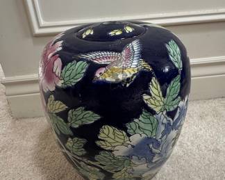 Chinese Porcelain Ginger Jar with Famille Noire Bird and Floral Motif