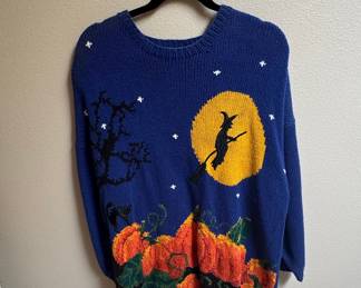 Vintage 1990s Halloween Witch, Black Cat, and Pumpkin Knit Sweater
