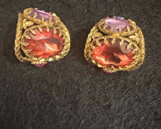 Vintage Gold-Tone Multi-Stone Statement Clip-On Earrings