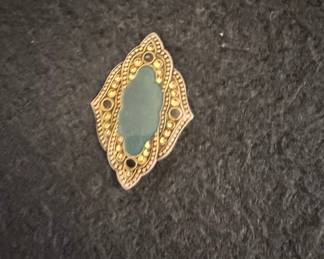 Vintage Sterling Silver Filigree Green Stone Brooch