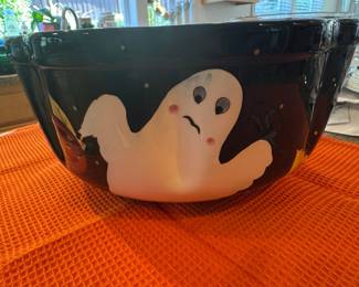 Halloween Ceramic Serving Bowl with Skeleton Hand Tongs - "Cobwebs & Cauldrons" Style