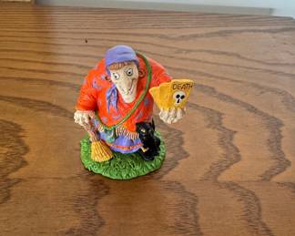 Halloween Witch Figurine with Black Cat and 'DEATH' Sign