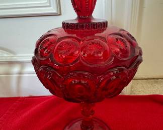 Vintage L.G. Wright Ruby Red Moon and Star Covered Compote