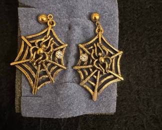 Vintage Avon Gold-Tone Spider Web Rhinestone Dangle Earrings