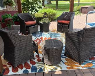 4 Rattan Chairs with stored ottomans and 2 Matching Tables