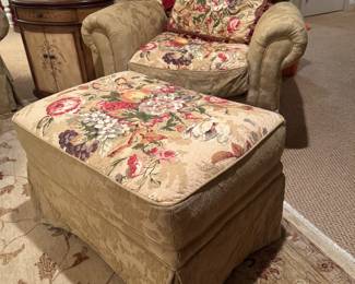 Custom Floral Motif Armchair (40"D x 38"W x 31" Back Height) with Ottoman (22"D x 30"W x 19"H)