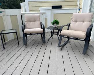 Suncrown Metal Outdoor Rocking Chairs with Tufted Cushions (25"W x 33"D x 33" Back Height / Each) & Square Glass Top Side Table (16"W x 16"D x 18"H) & Square Metal Top Side Table (19-1/2"W x 19-1/2"D x 19"H)