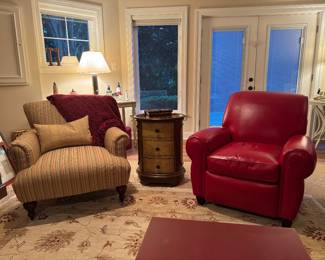 Plush Red Leather Recliner (46"D x 36"W x 36" Back Height) with Oval 3 Drawer Side Table (16"D x 21"W x 28"H) & Paladin Striped Upholstered Armchair (36"W x 41"D x 34" Back Height)