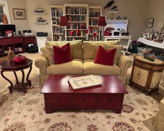 Down 2 Seat Upholstered Sofa with Octagonal 2 Tiered Side Table (23"D x 23"W x 25"H) & Pottery Barn 3 Drawer Rectangular Coffee Table (52"W x 24"D x 17"H) and Oval 2 Door / 1 Drawer Side Table (18"D x 25"W x 28"H)