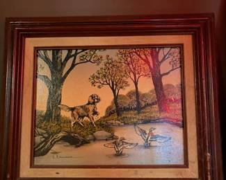 H. Hargrove "Sporting Dog and Ducks on Pond" Framed Print