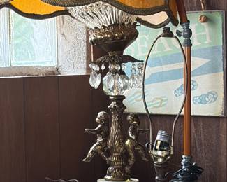 Vintage Italian Brass Marble Cherub Table Lamp with Crystal Prisms