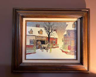 H. Hargrove Blacksmith Shop Winter Scene Serigraph Print