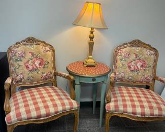 French occasional chairs, accent table