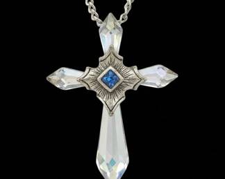 Swarovski Crystal Aurora Borealis AB Cross Pendant Necklace with Blue SquareCut Stone