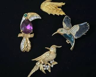 Collection of Four Vintage BirdThemed Costume Jewelry Brooches Sphinx, Trifari, Boucherstyle