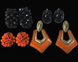 Vintage Costume Earrings Set Black Beads, Black Cabochons, and Orange Enamel Dangles