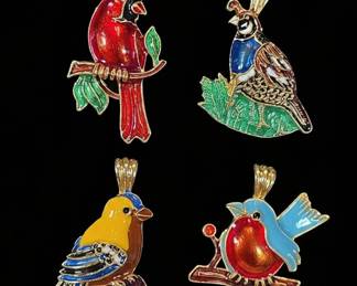 Set of Four Vintage Enamel Bird Brooches