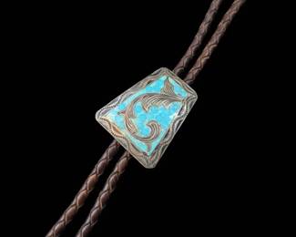 Vintage Navajo Sterling Silver Turquoise Inlay Bolo Tie