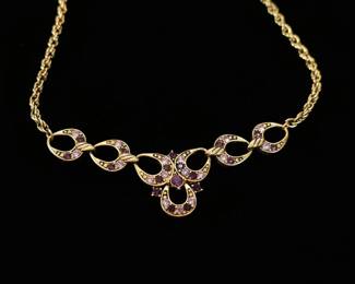 Vintage GoldTone Purple Rhinestone Statement Necklace by Coro