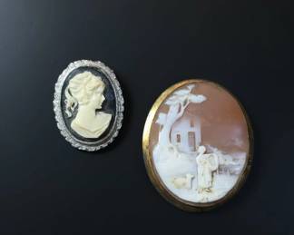 Vintage Cameo Brooch Pair Profile Portrait and Pastoral Scene