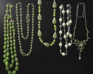 Collection of Vintage Green Glass and Faux Pearl Necklaces
