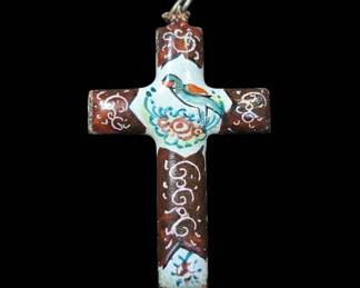 Vintage Enamel Cross Pendant with Bird and Floral Motif