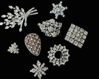 Collection of Vintage Rhinestone Costume Brooches including Weiss, Sherman, and Delizza  Elster