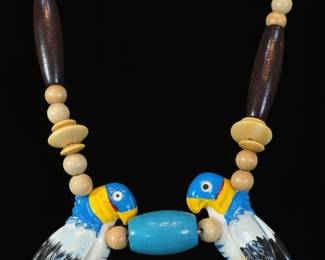 Vintage HandPainted Wooden Parrot Statement Necklace