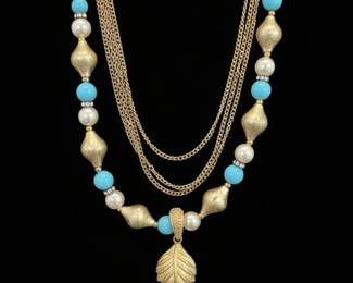 Vintage Gold Tone MultiStrand Necklace with Faux Pearls and Turquoise Beads and Tassel